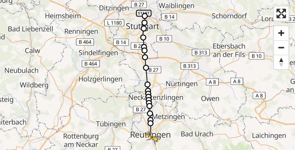 Flugroute Rettungshubschrauber Stuttgart - Reutlingen, 12 März 2026, 20:53