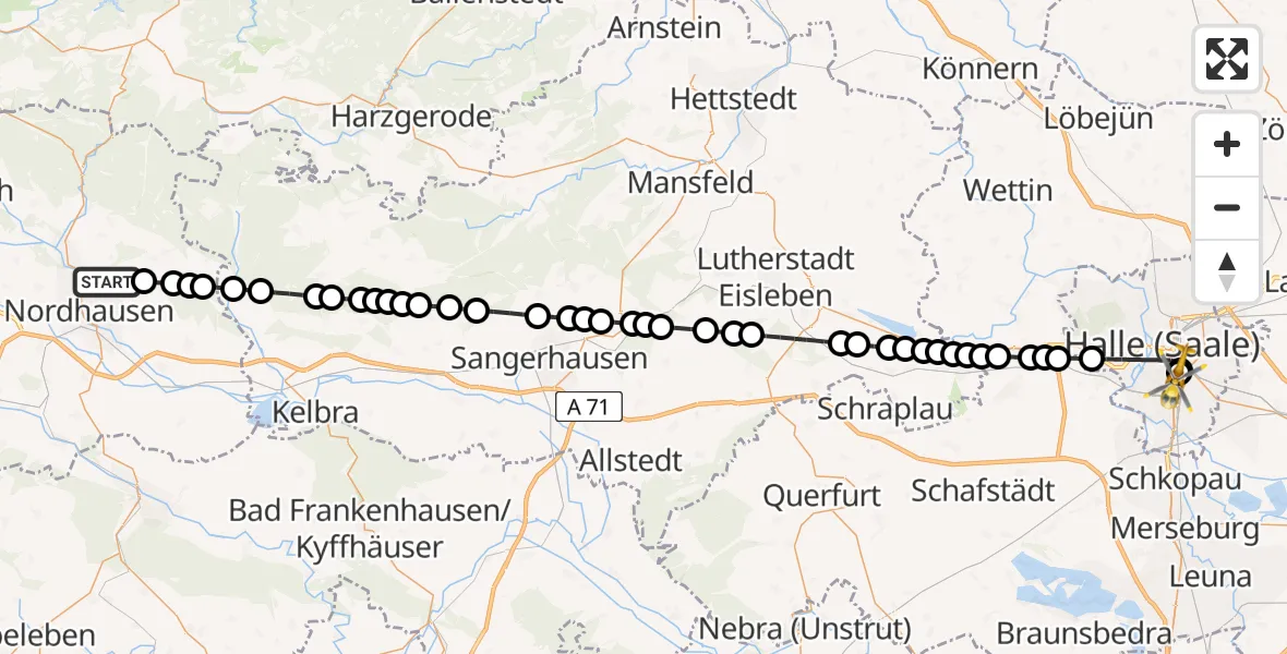 Flugroute Ambulanzhubschrauber Petersdorf - BG Hospital Bergmannstrost Halle, 12 März 2026, 21:43