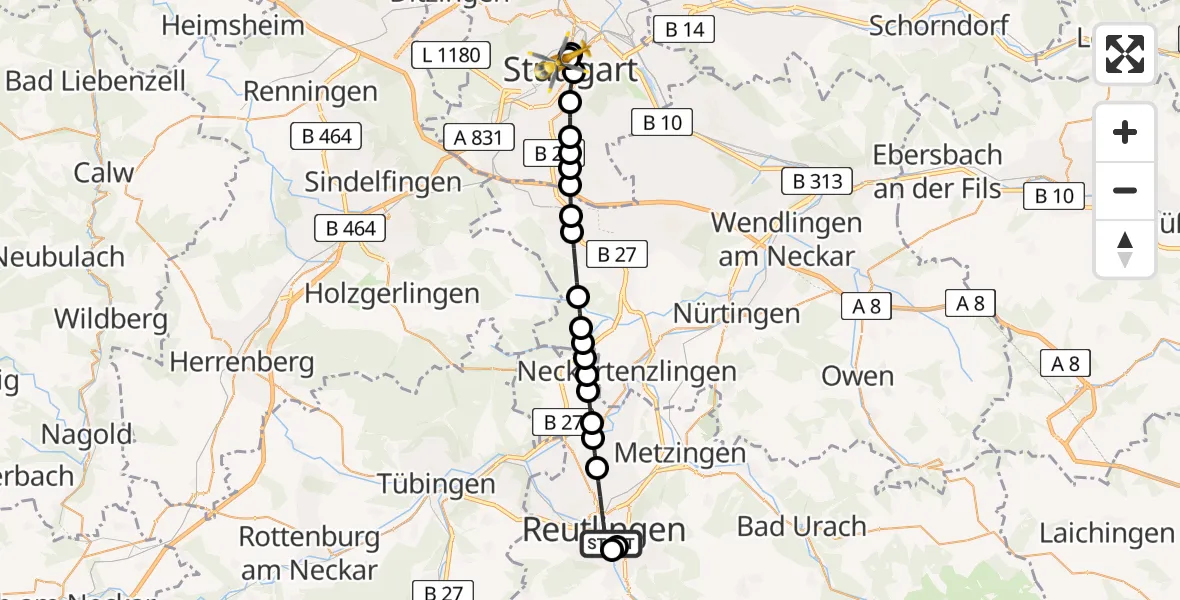 Routekaart van de vlucht: Rettungshubschrauber nach Stuttgart, Kriegsbergstraße
