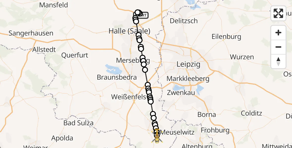Flugroute Ambulanzhubschrauber Halle-Oppin Airfield - Zeitz Hospital, 12 März 2026, 22:41