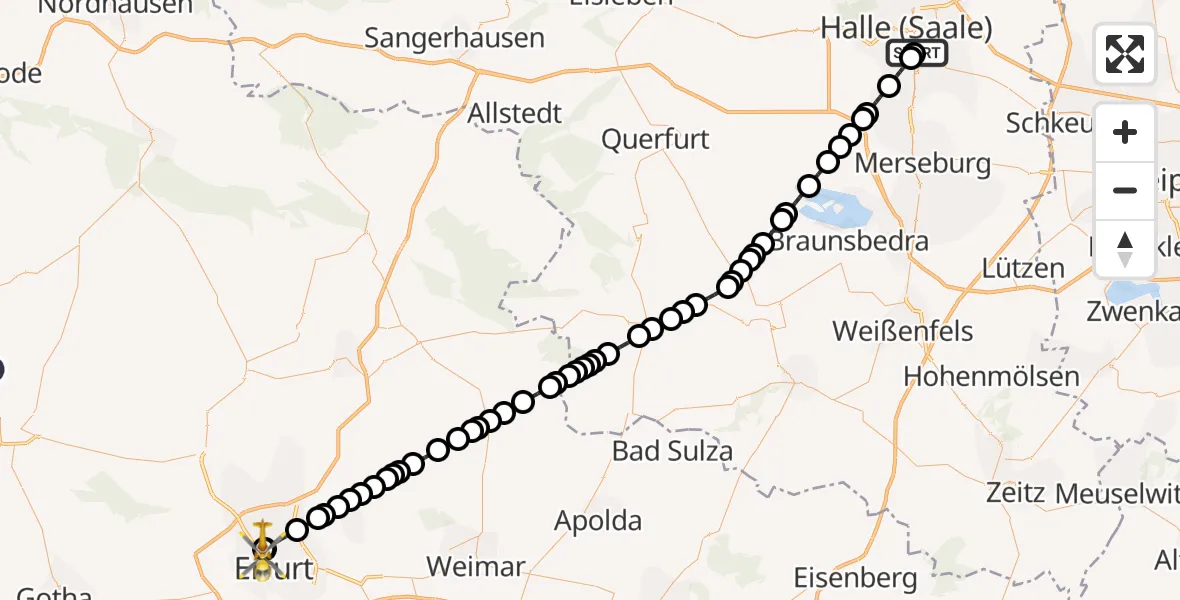 Flugroute Ambulanzhubschrauber BG Hospital Bergmannstrost Halle - Helios Clinic Erfurt, 12 März 2026, 22:43