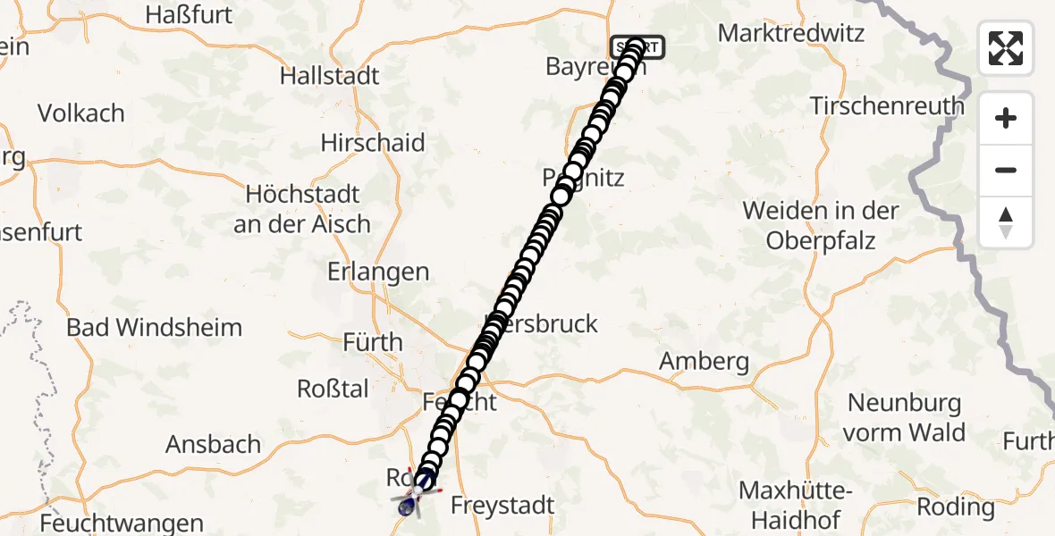 Flugroute Polizeihubschrauber Reuth - Obersteinbach an der Haide, 12 März 2026, 23:03