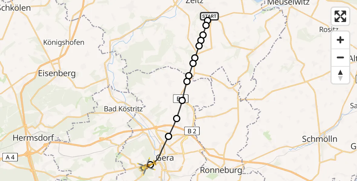 Flugroute Ambulanzhubschrauber Zeitz Hospital - SRH Wald-Klinikum Gera Hospital, 12 März 2026, 23:22
