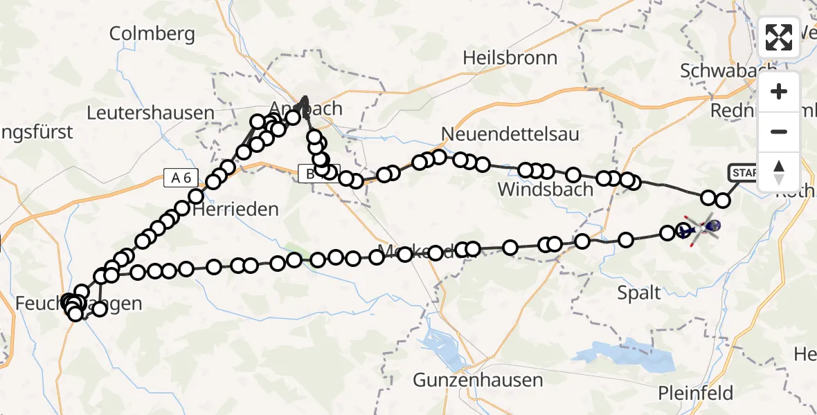Flugroute Polizeihubschrauber Büchenbach - Mäbenberg, 13 März 2026, 00:18