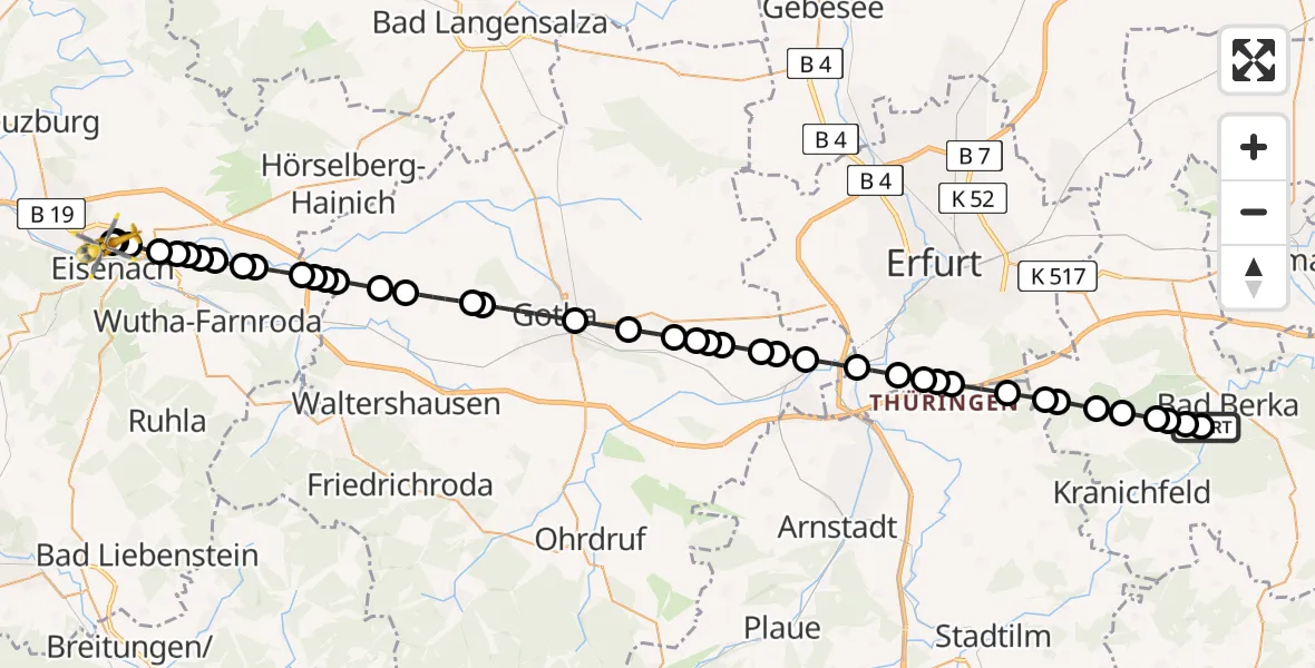 Flugroute Ambulanzhubschrauber Bad Berka Central Hospital - Sankt Georg Hospital Eisenach, 13 März 2026, 00:28