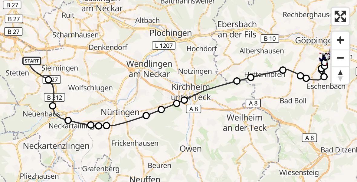 Flugroute Polizeihubschrauber Stuttgart Airport - Holzheim, 13 März 2026, 06:05