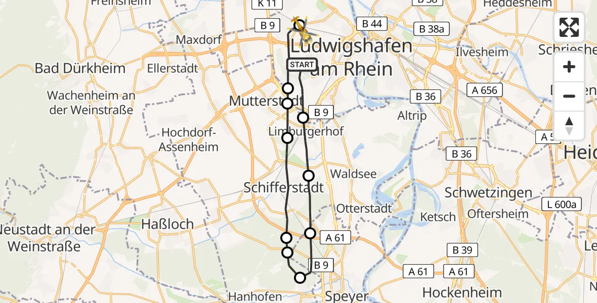 Flugroute Rettungshubschrauber Ludwigshafen am Rhein - Ludwigshafen Accident Hospital, 13 März 2026, 06:59