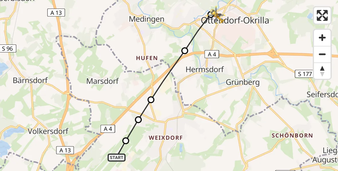 Flugroute Rettungshubschrauber Klotzsche - Ottendorf-Okrilla, 13 März 2026, 07:01
