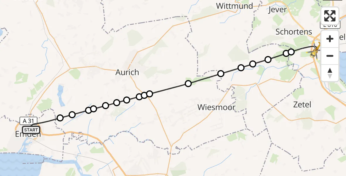Flugroute Rettungshubschrauber Emden - Sande, 13 März 2026, 07:01
