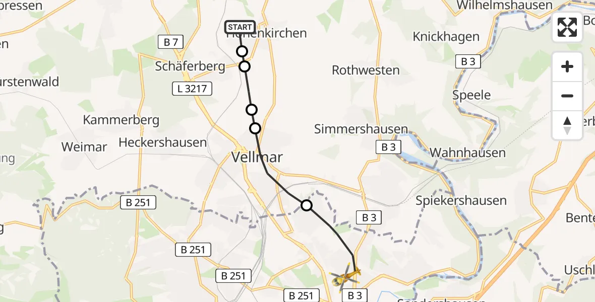 Flugroute Rettungshubschrauber Hohenkirchen - Kassel, 13 März 2026, 07:16