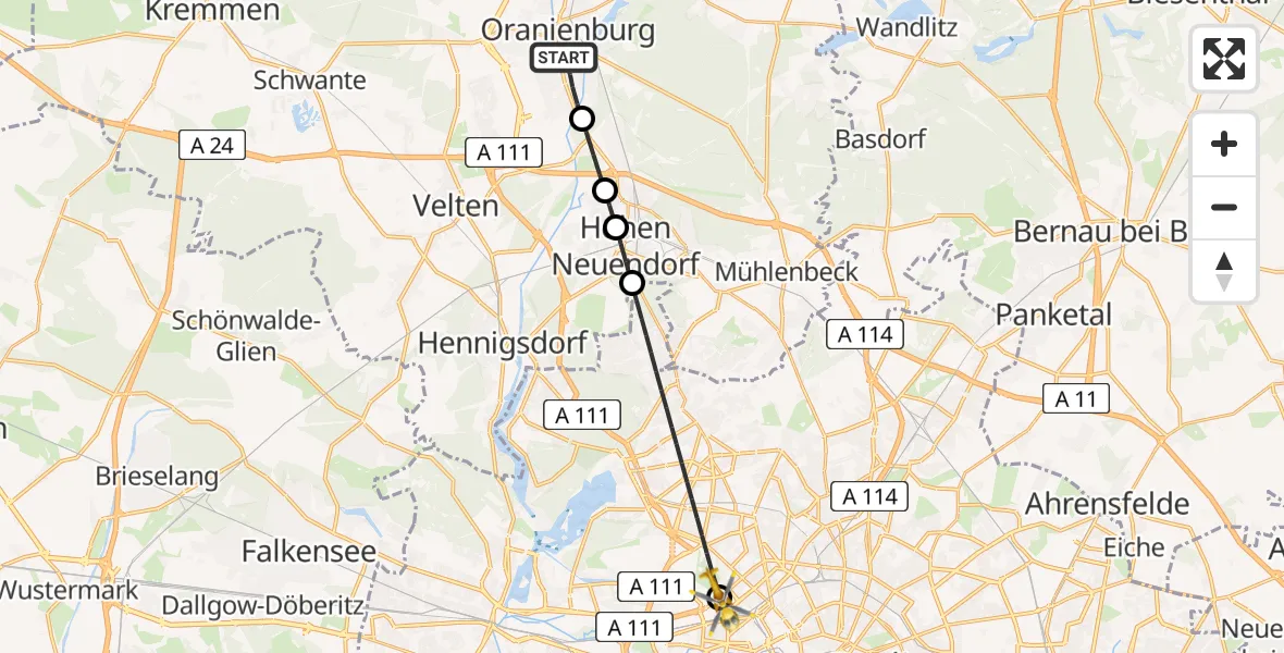 Flugroute Ambulanzhubschrauber Oranienburg - Charité Clinic Virchow Campus Heliport, 13 März 2026, 07:24