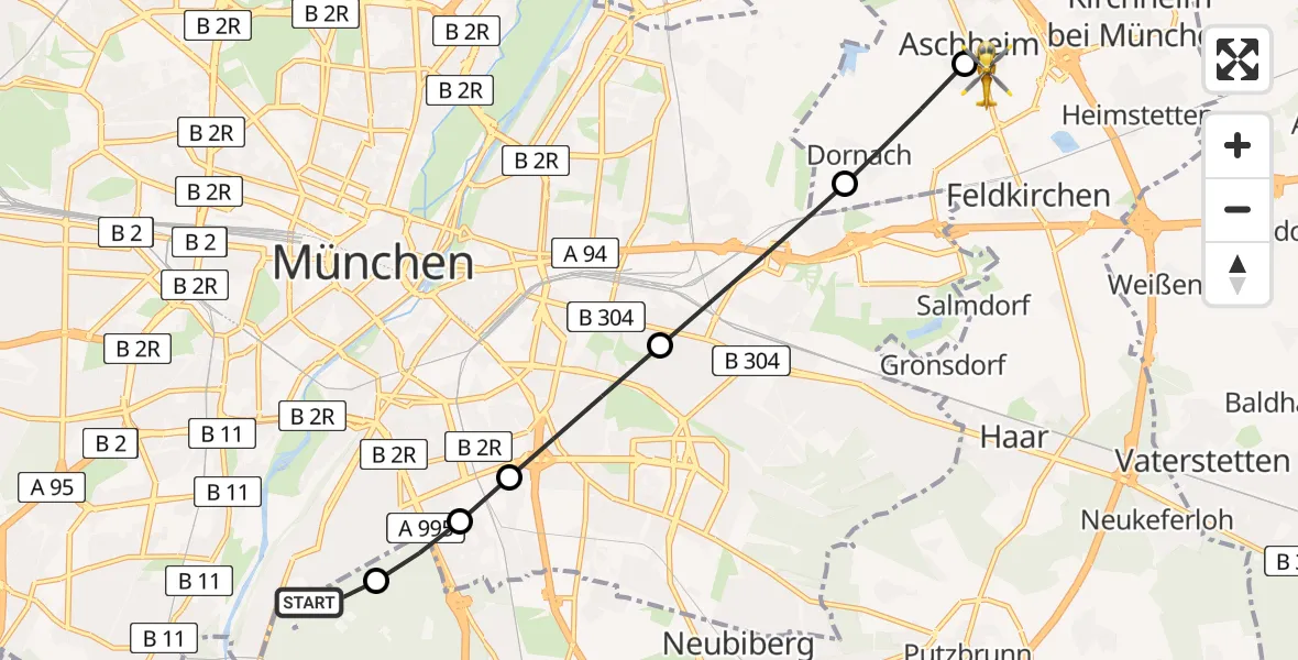 Flugroute Rettungshubschrauber ADAC Air Rescue Center Heliport (Christoph 1) - Aschheim, 13 März 2026, 07:40