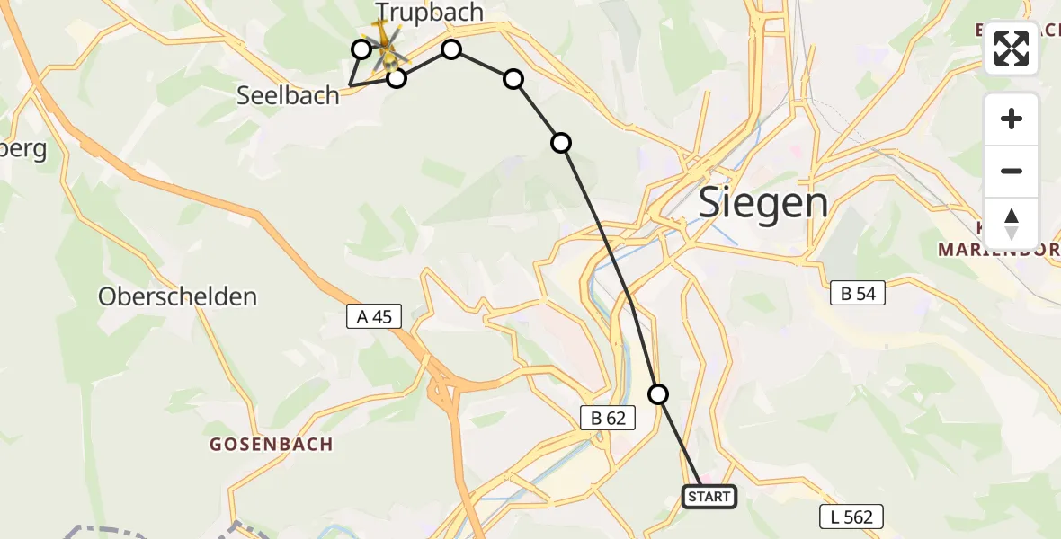 Flugroute Rettungshubschrauber Evangelisches Jung-Stilling Hospital - Trupbach, 13 März 2026, 07:44