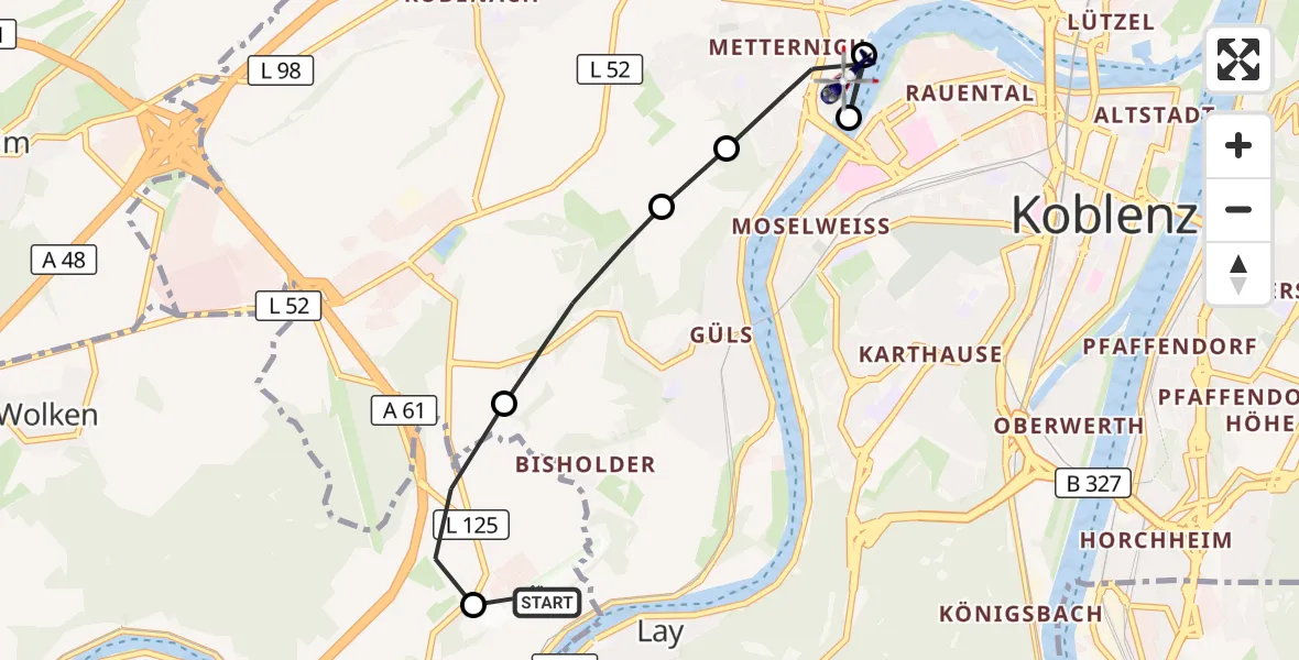 Flugroute Polizeihubschrauber Koblenz-Winningen Airfield - Koblenz, 13 März 2026, 07:50