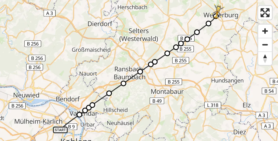 Flugroute Rettungshubschrauber Koblenz - Gershasen, 13 März 2026, 07:51