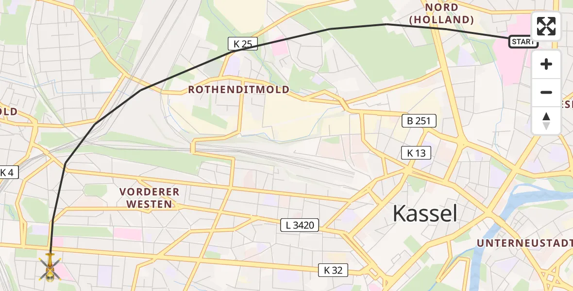 Flugroute Rettungshubschrauber Kassel - Kassel, 13 März 2026, 07:53