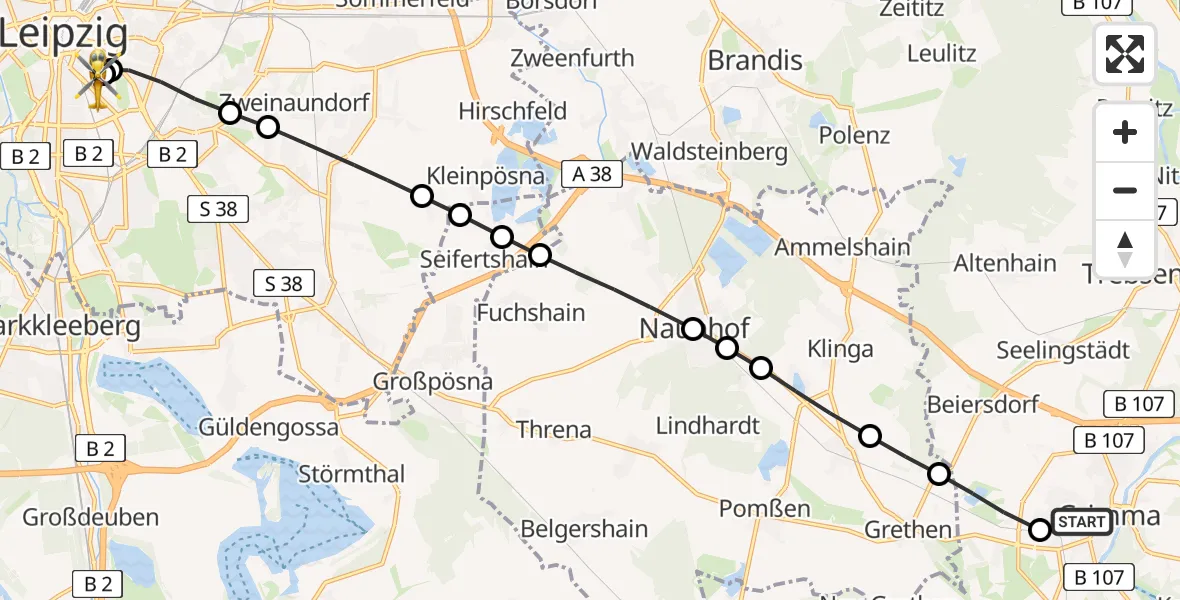 Flugroute Rettungshubschrauber Grimma Hospital - Leipzig University Hospital Heliport 1, 13 März 2026, 07:53