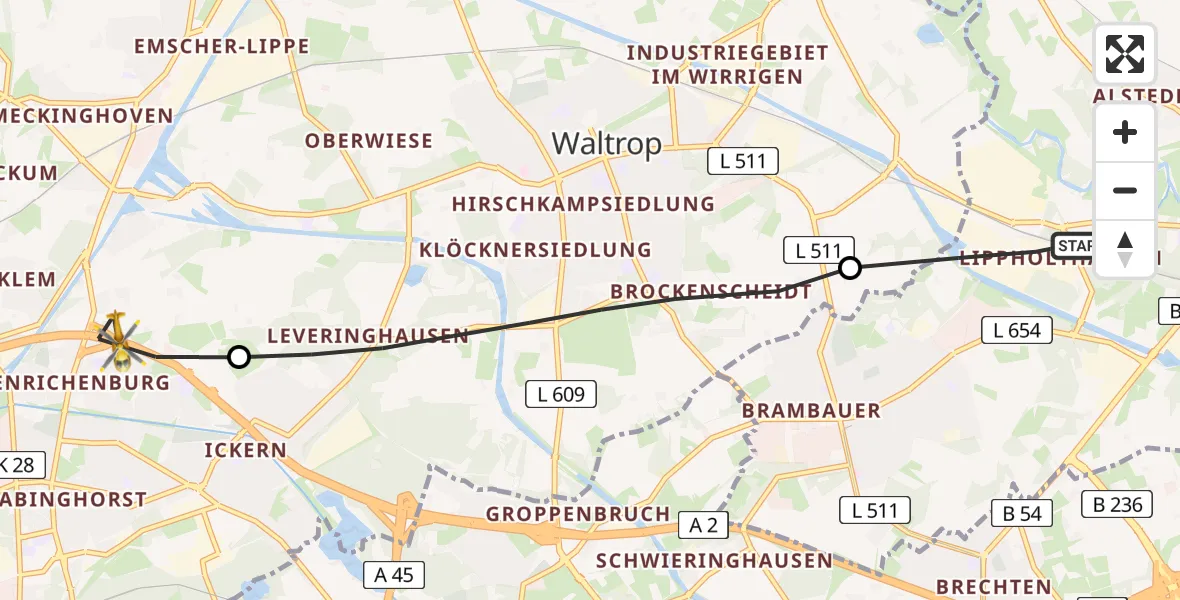 Flugroute Rettungshubschrauber Lünen - Castrop-Rauxel, 13 März 2026, 08:00