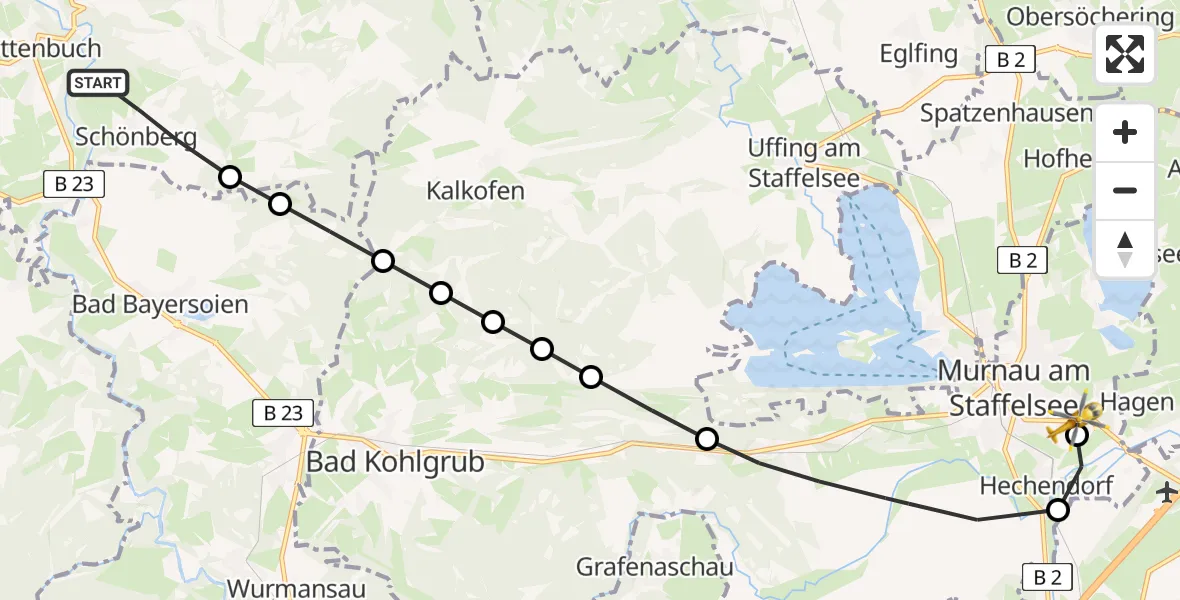 Flugroute Rettungshubschrauber Schönberg - Murnau Accident Hospital, 13 März 2026, 08:14