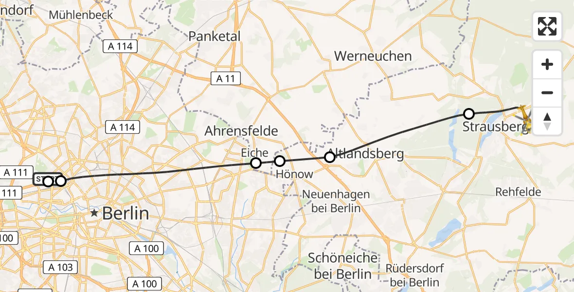 Flugroute Ambulanzhubschrauber Charité Clinic Virchow Campus - Strausberg, 13 März 2026, 08:15