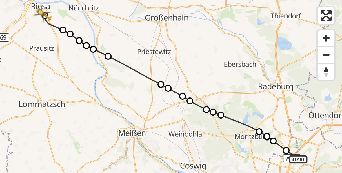Flugroute Rettungshubschrauber Dresden Airport - Riesa Hospital, 13 März 2026, 08:17