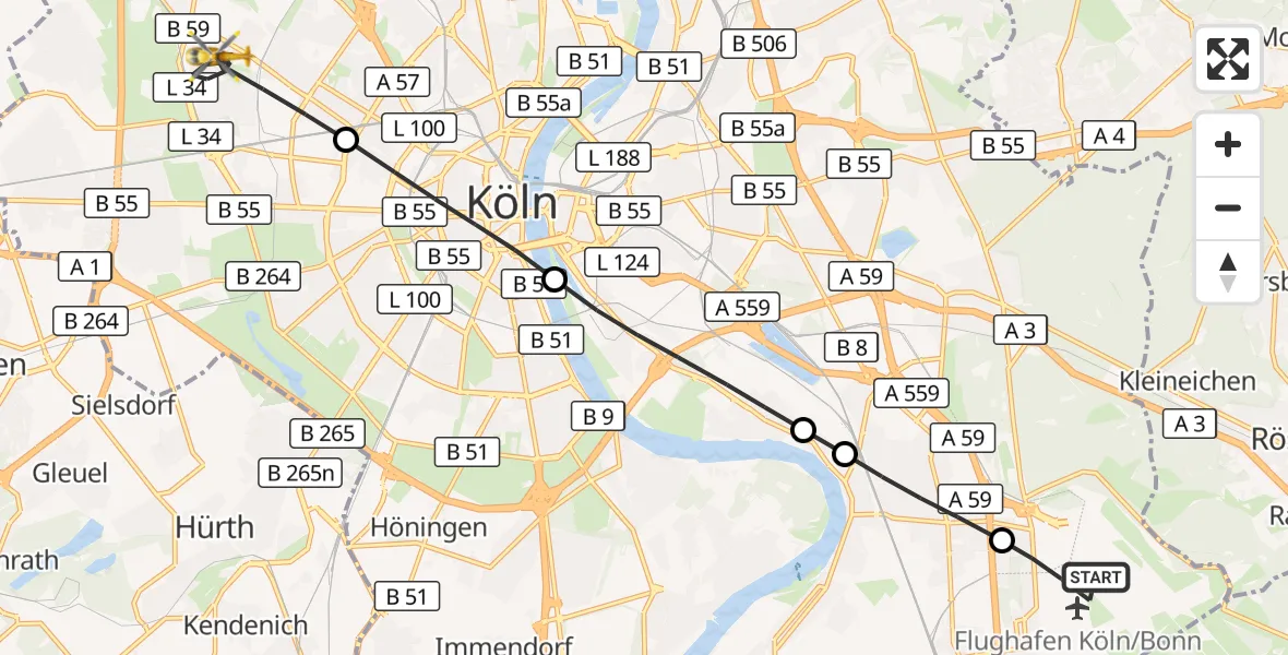 Flugroute Rettungshubschrauber Cologne Bonn Airport - Ehrenfeld, 13 März 2026, 08:20