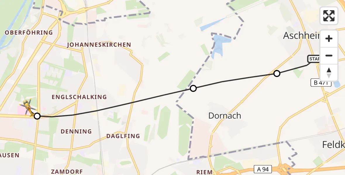 Flugroute Rettungshubschrauber Aschheim - München Bogenhausen Hospital, 13 März 2026, 08:23