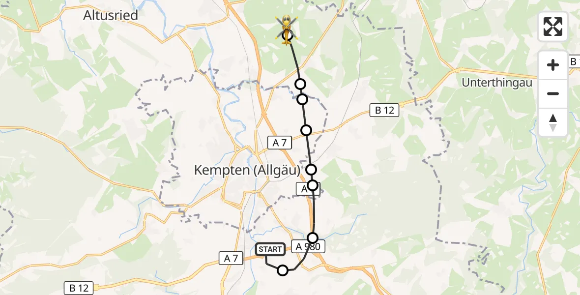 Flugroute Rettungshubschrauber Graben - Haldenwang, 13 März 2026, 08:26