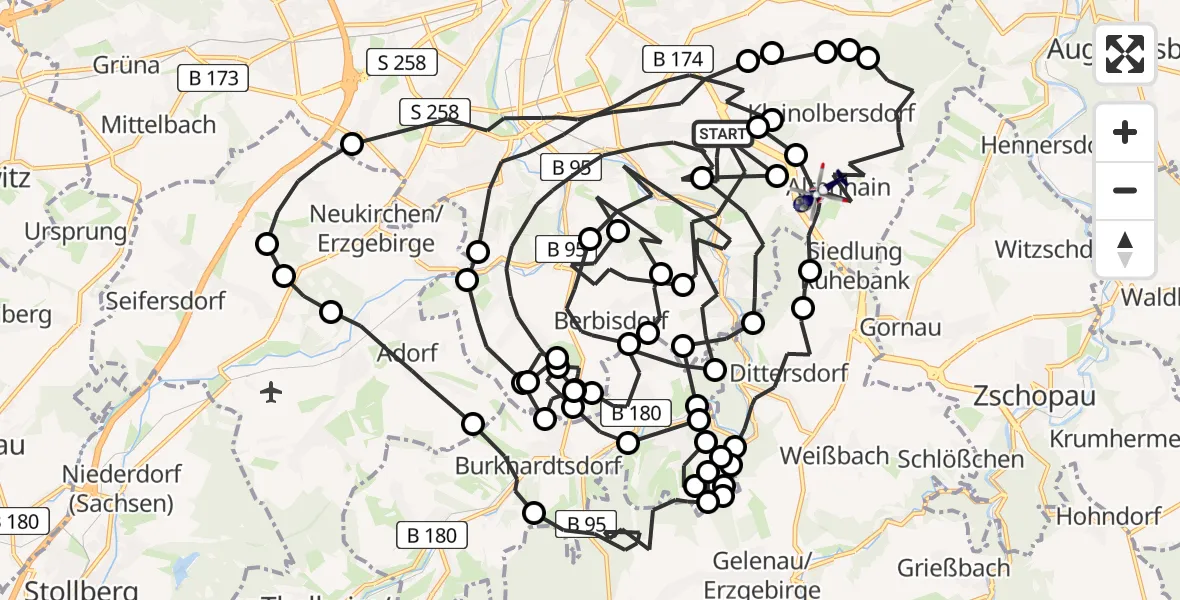 Flugroute Polizeihubschrauber Chemnitz - Kleinolbersdorf-Altenhain, 13 März 2026, 08:28