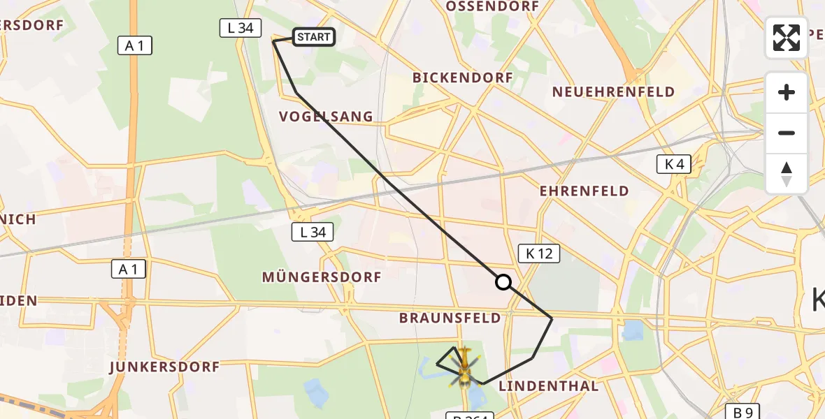 Flugroute Rettungshubschrauber Ehrenfeld - Lindenthal, 13 März 2026, 08:39