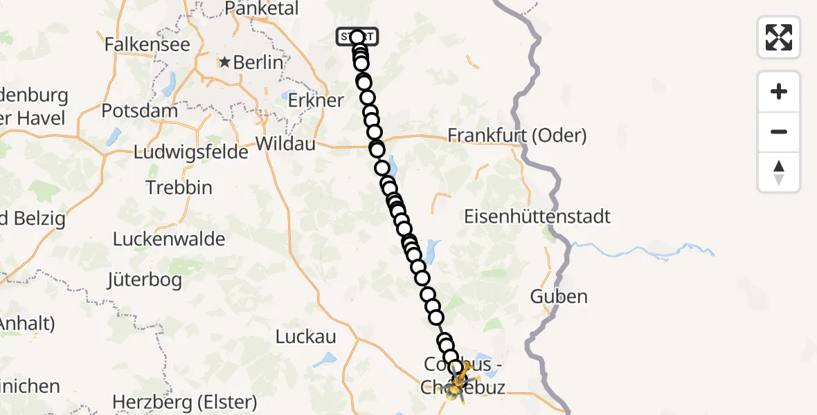 Flugroute Ambulanzhubschrauber Strausberg Airfield - Carl Thien Hospital Cottbus, 13 März 2026, 08:44