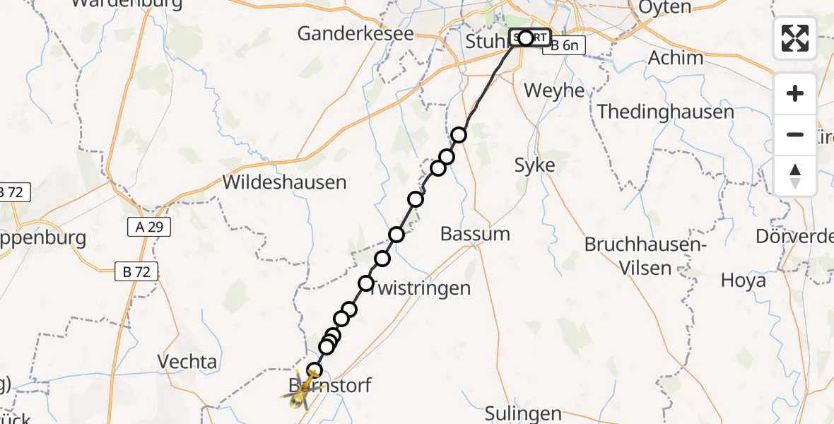 Flugroute Rettungshubschrauber ADAC Air Rescue Station Bremen Heliport (Christoph 6) - Barnstorf, 13 März 2026, 08:56