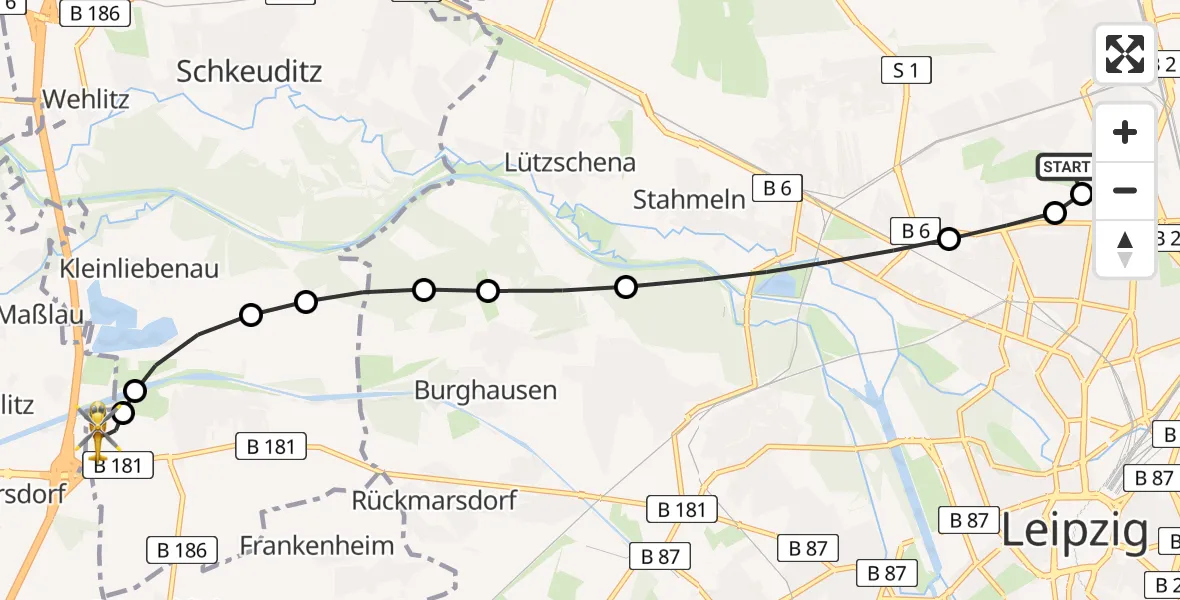Flugroute Rettungshubschrauber Sankt Georg Hospital Leipzig Reserve - ADAC Air Rescue Station Leipzig/Schkeuditz-Dölzig Heliport (Christoph 61), 13 März 2026, 08:58