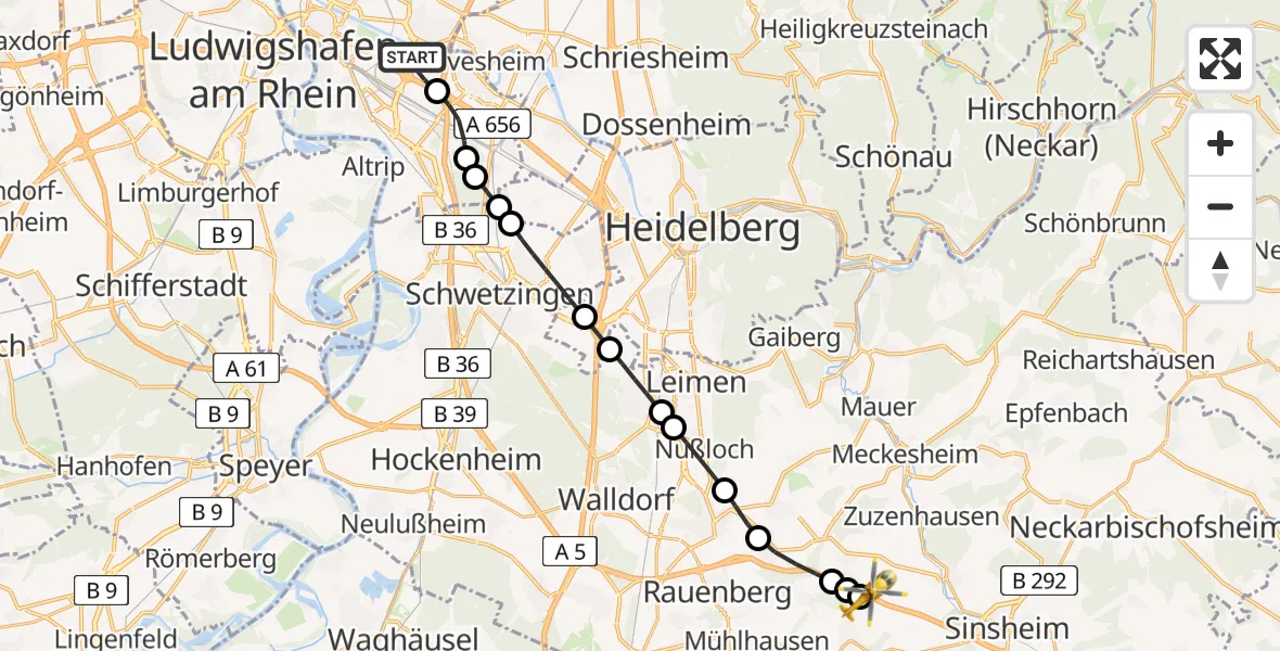 Flugroute Rettungshubschrauber Mannheim-City Airport - Horrenberg, 13 März 2026, 09:03