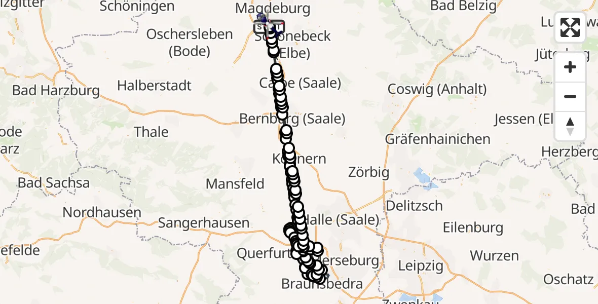 Flugroute Polizeihubschrauber Magdeburg City Airfield - Magdeburg, 13 März 2026, 09:08