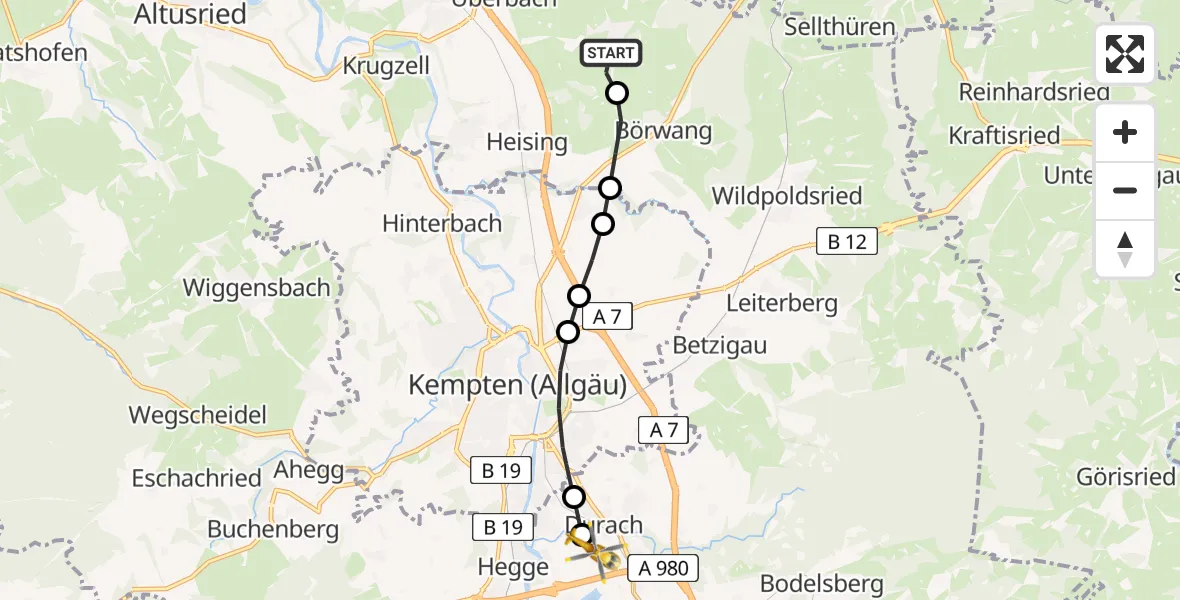 Routekaart van de vlucht: Rettungshubschrauber nach Kempten-Durach Airfield