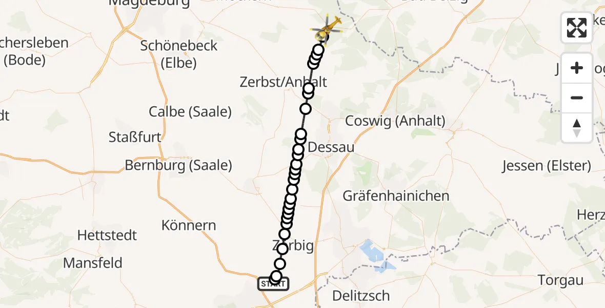 Flugroute Ambulanzhubschrauber Halle-Oppin Airfield - Nedlitz, 13 März 2026, 09:18