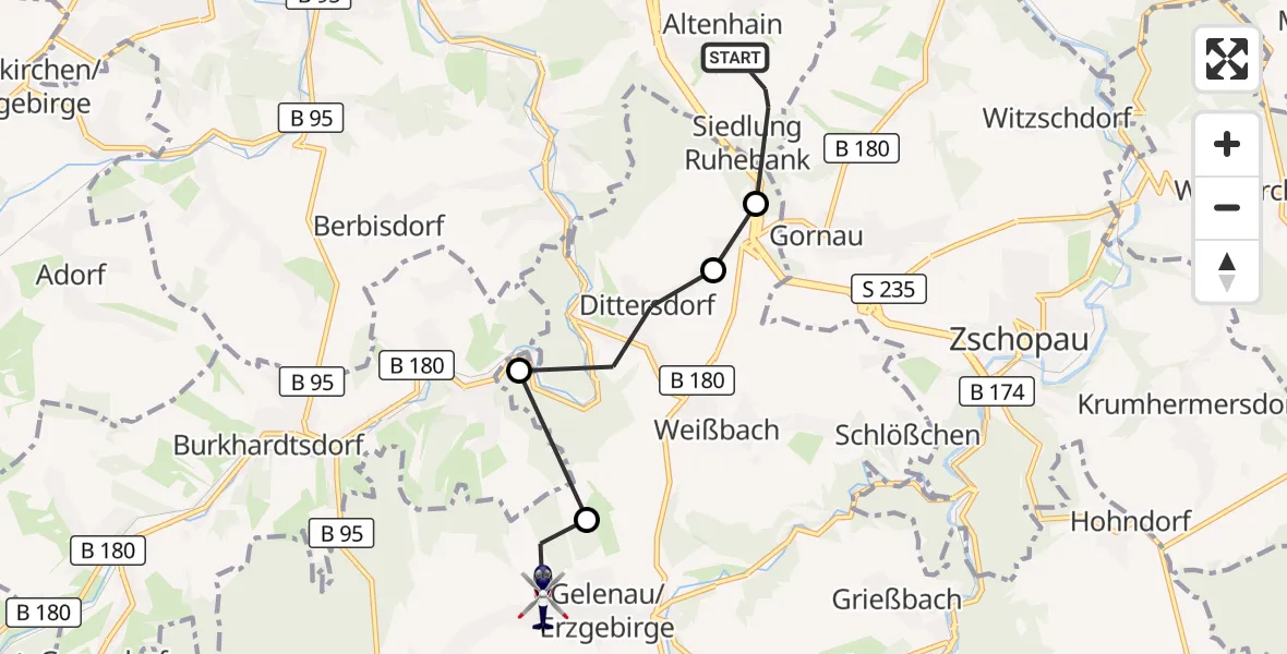 Flugroute Polizeihubschrauber Kleinolbersdorf-Altenhain - Gelenau/Erzgebirge, 13 März 2026, 09:25