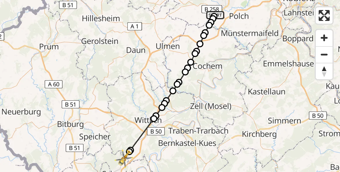 Flugroute Ambulanzhubschrauber Alzheim - Föhren, 13 März 2026, 09:33
