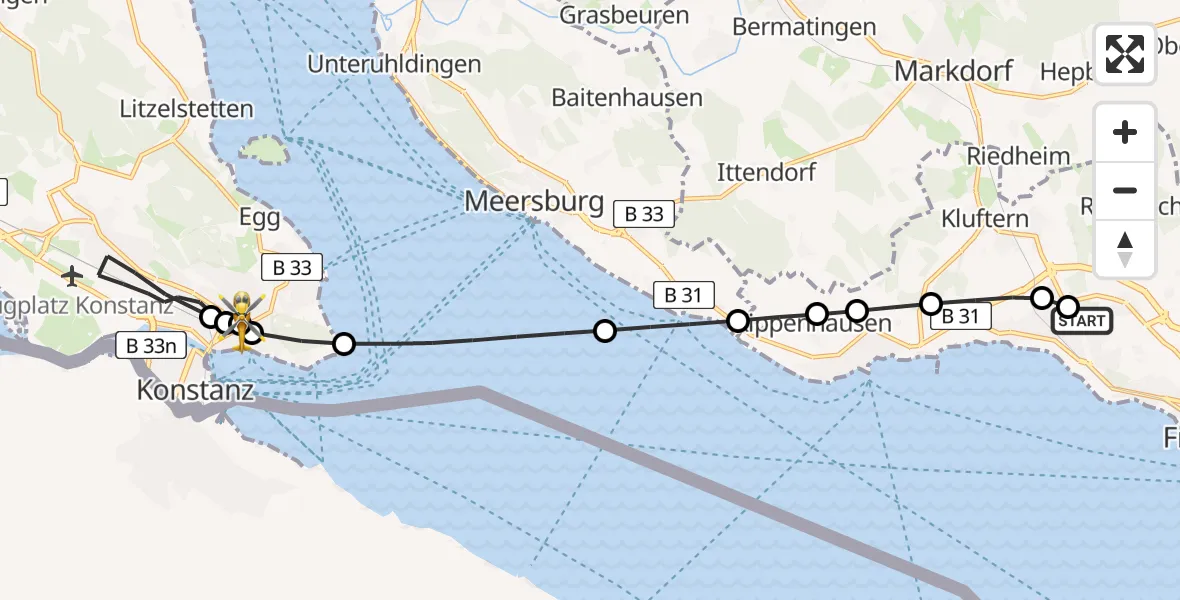 Flugroute Rettungshubschrauber Friedrichshafen Hospital - Konstanz Hospital, 13 März 2026, 09:35