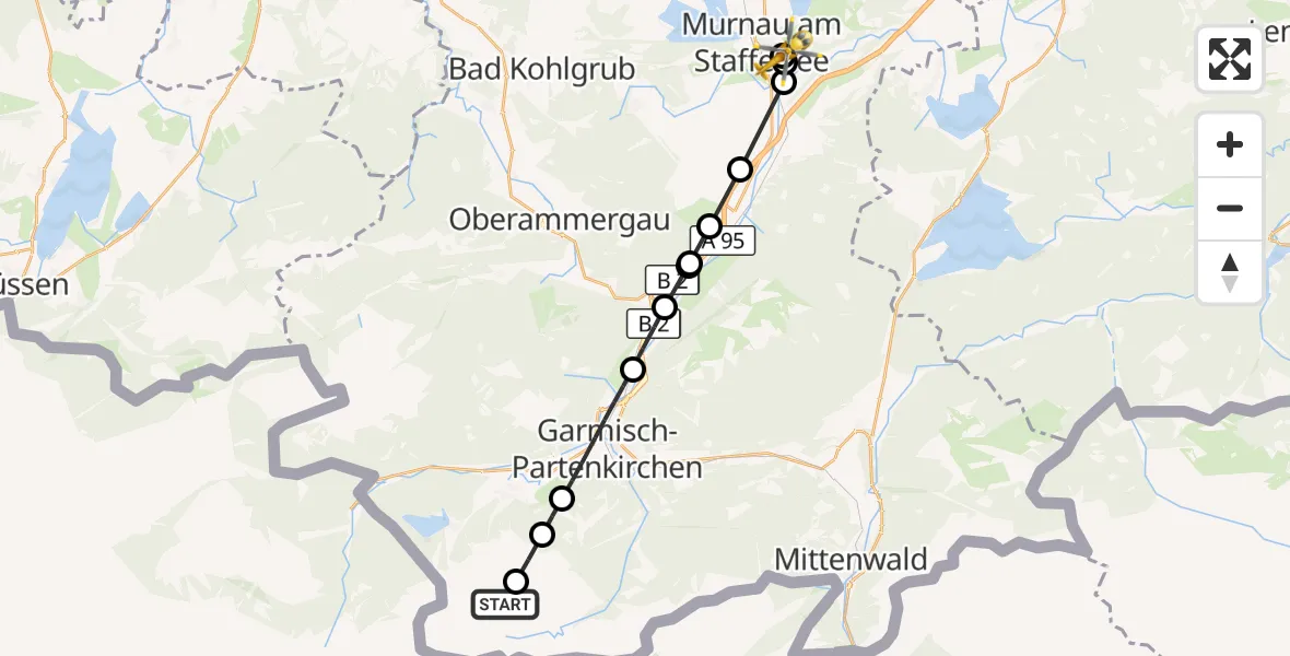 Flugroute Rettungshubschrauber Garmisch-Partenkirchen - Murnau Accident Hospital, 13 März 2026, 09:36
