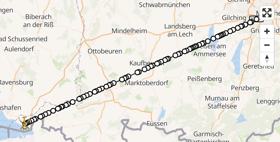 Flugroute Ambulanzhubschrauber DRF Air Rescue München Heliport - Schönau, 13 März 2026, 09:37