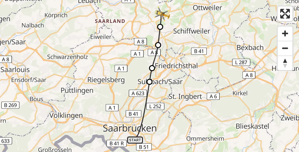 Flugroute Rettungshubschrauber Saarbrücken - Illingen, 13 März 2026, 09:38