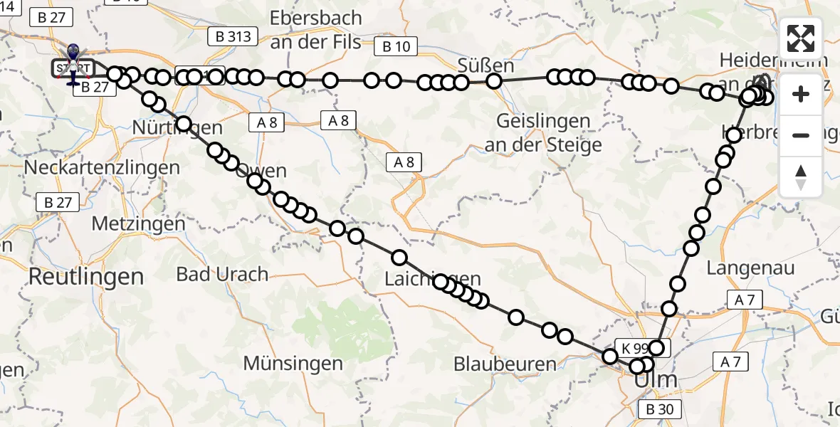 Flugroute Polizeihubschrauber Stuttgart Airport - Stuttgart Airport, 13 März 2026, 09:39