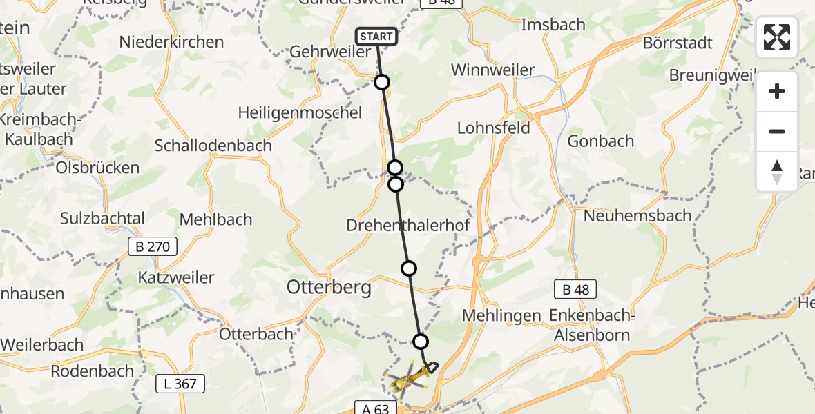 Flugroute Rettungshubschrauber Gehrweiler - Mehlingen, 13 März 2026, 09:39