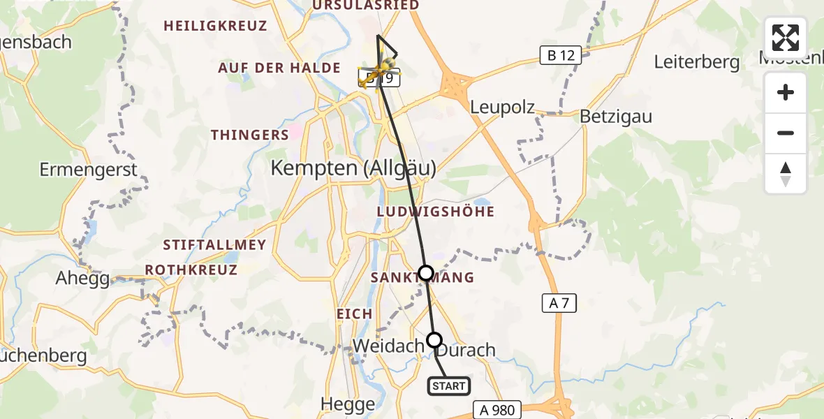 Flugroute Rettungshubschrauber Kempten-Durach Airfield - Kempten (Allgäu), 13 März 2026, 09:42