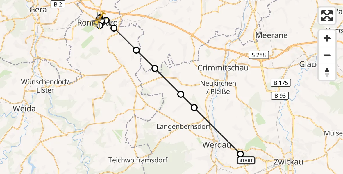 Flugroute Rettungshubschrauber ADAC Air Rescue Station Zwickau Heliport - Ronneburg, 13 März 2026, 09:42