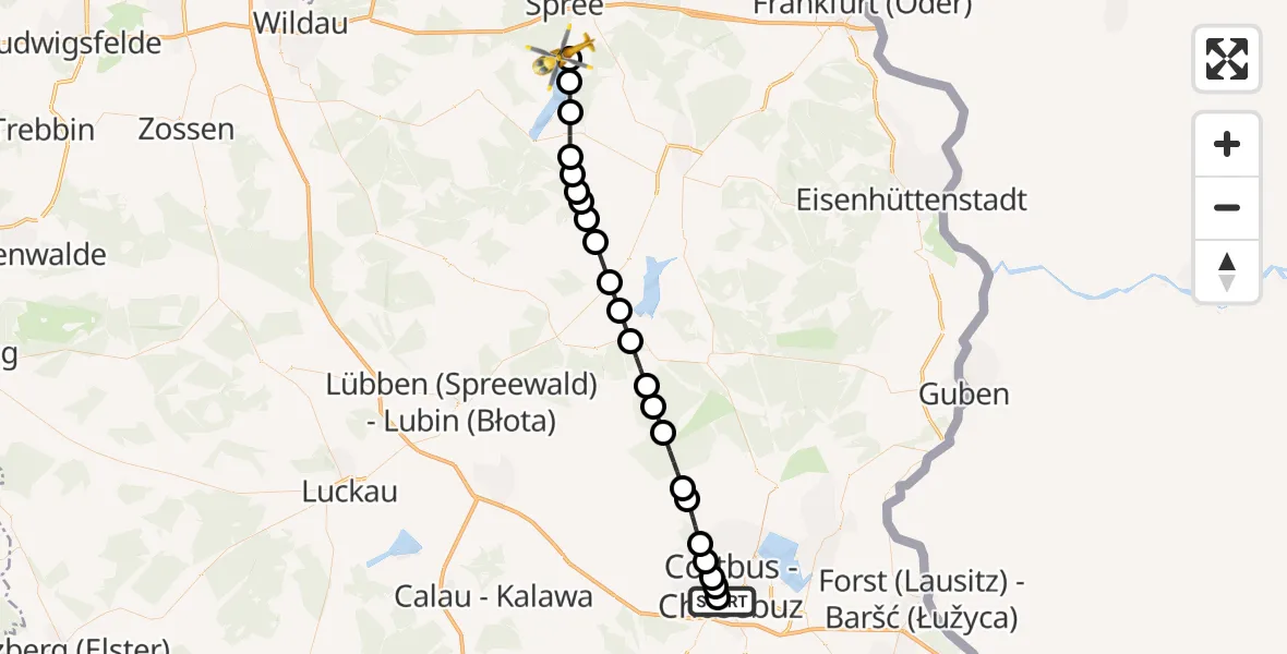 Flugroute Ambulanzhubschrauber Carl Thien Hospital Cottbus - Bad Saarow, 13 März 2026, 09:44