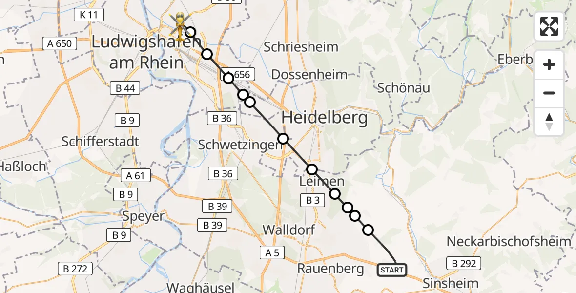 Flugroute Rettungshubschrauber Horrenberg - Neckarstadt-Ost/Wohlgelegen, 13 März 2026, 09:49