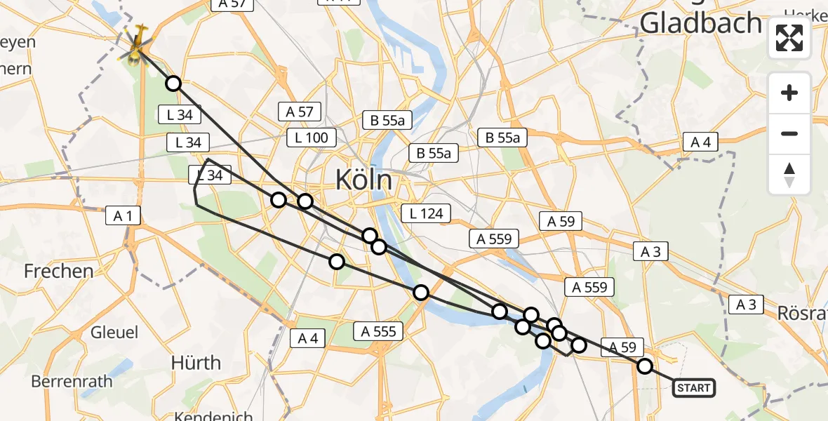 Flugroute Ambulanzhubschrauber Cologne Bonn Airport - Ehrenfeld, 13 März 2026, 09:49